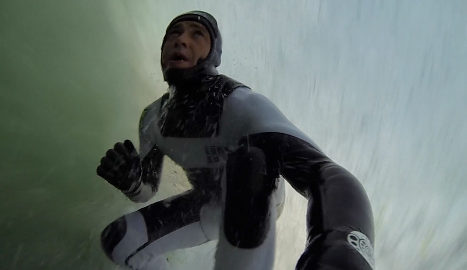 Ian Battrick shooting an icy barrel. Photo: <a href=\"www.lunasurf.com>Lunasurf.com</a>/<a href=\"https://ianbattrick.blogspot.com/\">Ian Battrick</a>