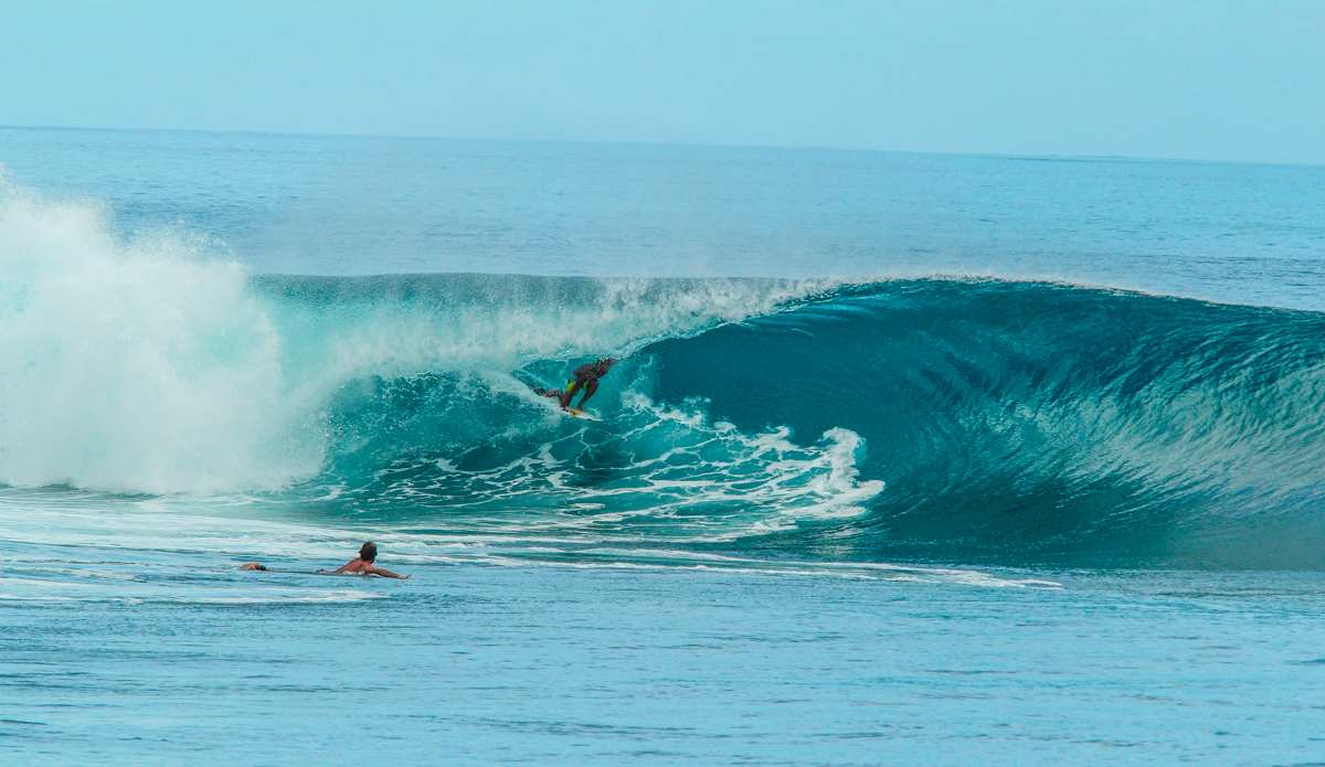 Take advantage of the reef. If you look up the reef and see sets breaking you know that one is coming your way soon. A decent set had just washed through, and it was just me and another guy sitting out the back. This one came through, and I got one of my personal best waves of the trip. It seemed like everything was going in slow motion. Photo: Courtesy of Hunter Jones