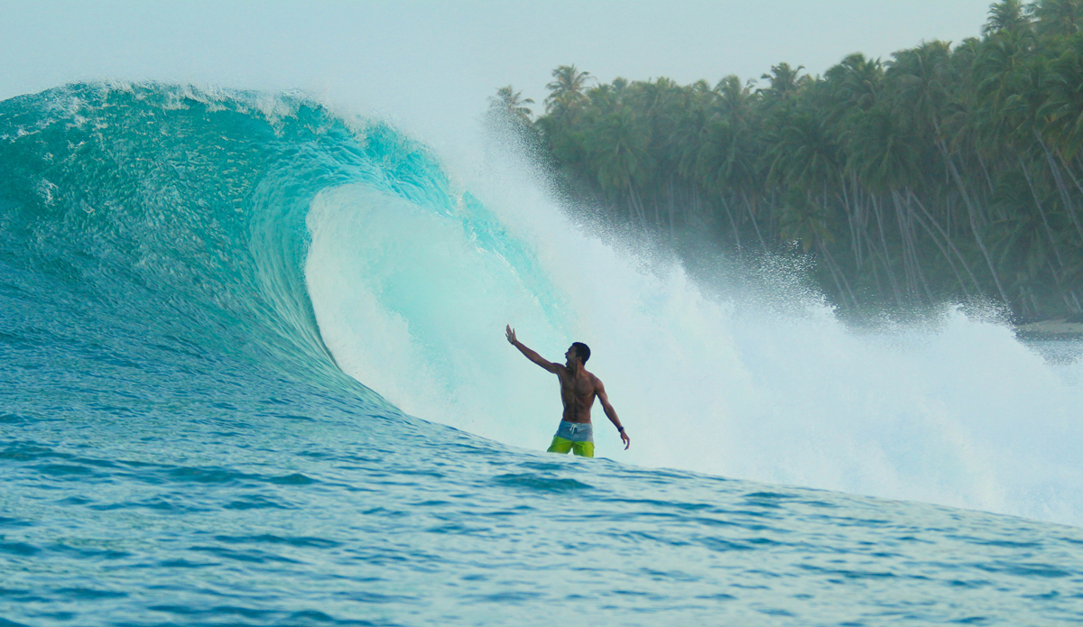 This is the outside right at Monkeys. This was a bigger day, and the waves tended to fold on themselves and stand up super tall. Be sure to know the reef you are surfing. Watch where the boils are because the last thing you want to do is get your fins ripped out on dry reef and have a 12-foot bomb land on your head. Looking back at this giant and hearing the boys screaming from the inside is something I will never forget. Photo: Courtesy of Hunter Jones