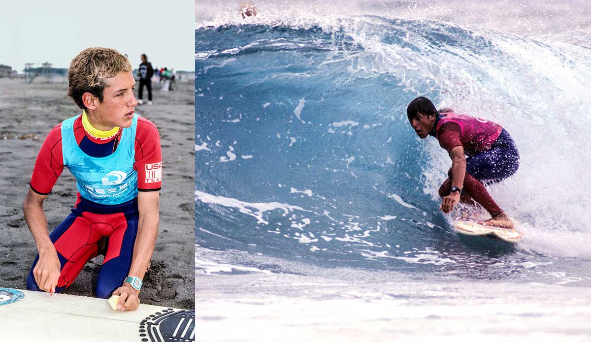 In its 50-year history the ISA has been instrumental in ushering in progressive young talent. In ‘90 the New School crew, including Kelly Slater (right), Taylor Knox, Rob Machado (left), Pat O’Connell and Shane Dorian, all landed in Japan for what O’Connell remembers as “the best trip ever.” Slater did not make the finals of the event. The ISA title is still one of the only trophies that’s eluded him throughout his distinguished career. Photo: <a href=\"https://www.isasurf.org/\">John Seaton Callahan</a>
