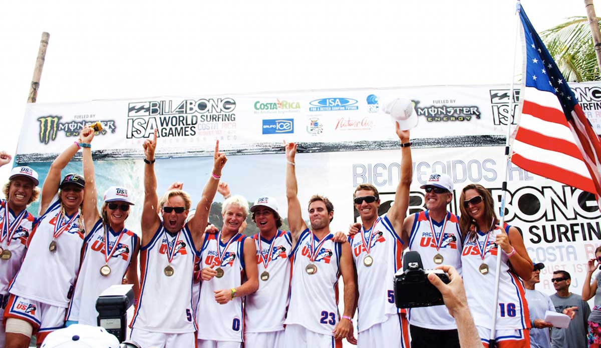 Anchored by the likes of Cory Lopez, Ben Bourgeois, Nat Young, Courtney Conlogue and Sage Erickson, Team USA showed up at the 2009 ISA World Surfing Games in Costa Rica with something to prove, winning the overall Team Gold Medal. It was the last time the U.S. has won Team Gold. Photo courtesy of <a href=\"https://www.isasurf.org/\">ISA Archive</a>