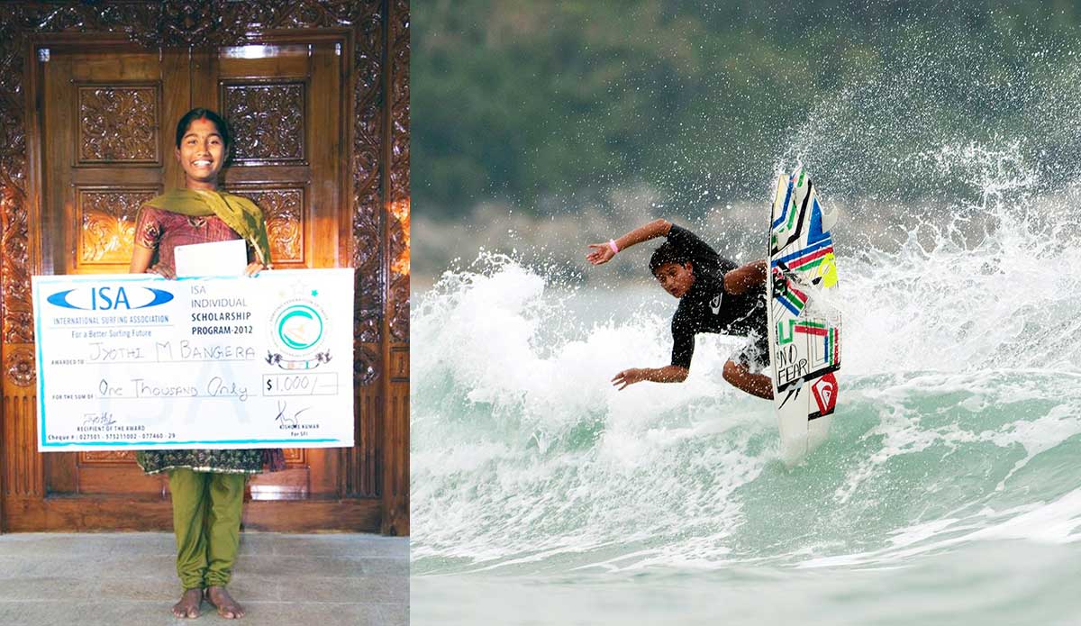 Since 2007, the ISA has awarded 192 scholarships worth $172,500 to aspiring under 18 year old surfers. This year, the organization will award 25 $1,000 and 50 $500 scholarships. India’s Jyothi M. Bangera (left) has only been surfing since January of 2012, but is quickly catching on and helping grow the sport at home, while Juninho Urcia (right) hails from the small fishing village of Huanchaco, Peru, and in 2007, at age 11, he became the recipient of an ISA Scholarship. Remaining an ISA Scholarship recipient for five consecutive years, in 2011 he became the youngest-ever Peruvian Open Men’s National Champion. Photo courtesy of <a href=\"https://www.isasurf.org/\">ISA Archive</a>
