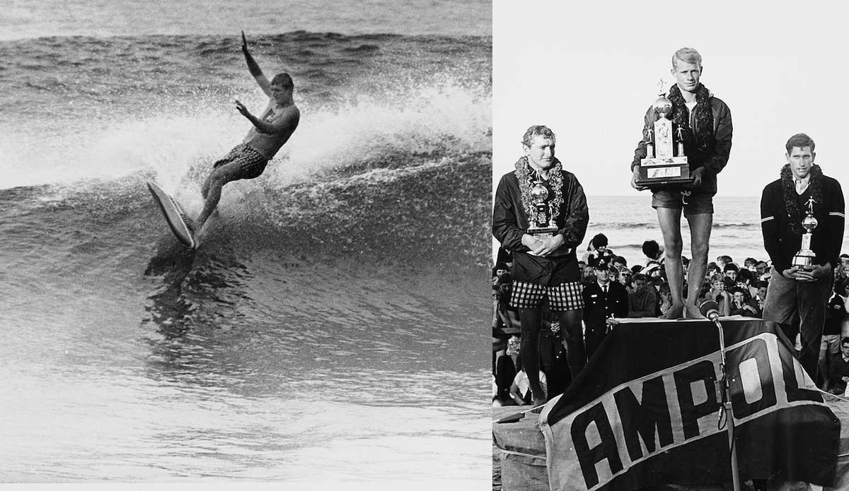 While it was Farrelly that topped the podium in ’64, there was no shortage of notable talent on hand. California hot-dogger Mike Doyle (left) would finish runner-up and Hawaiian stylist Joey Cabell finished third. Photo: <a href=\"https://www.isasurf.org/\">Jack Eden | ISA</a>