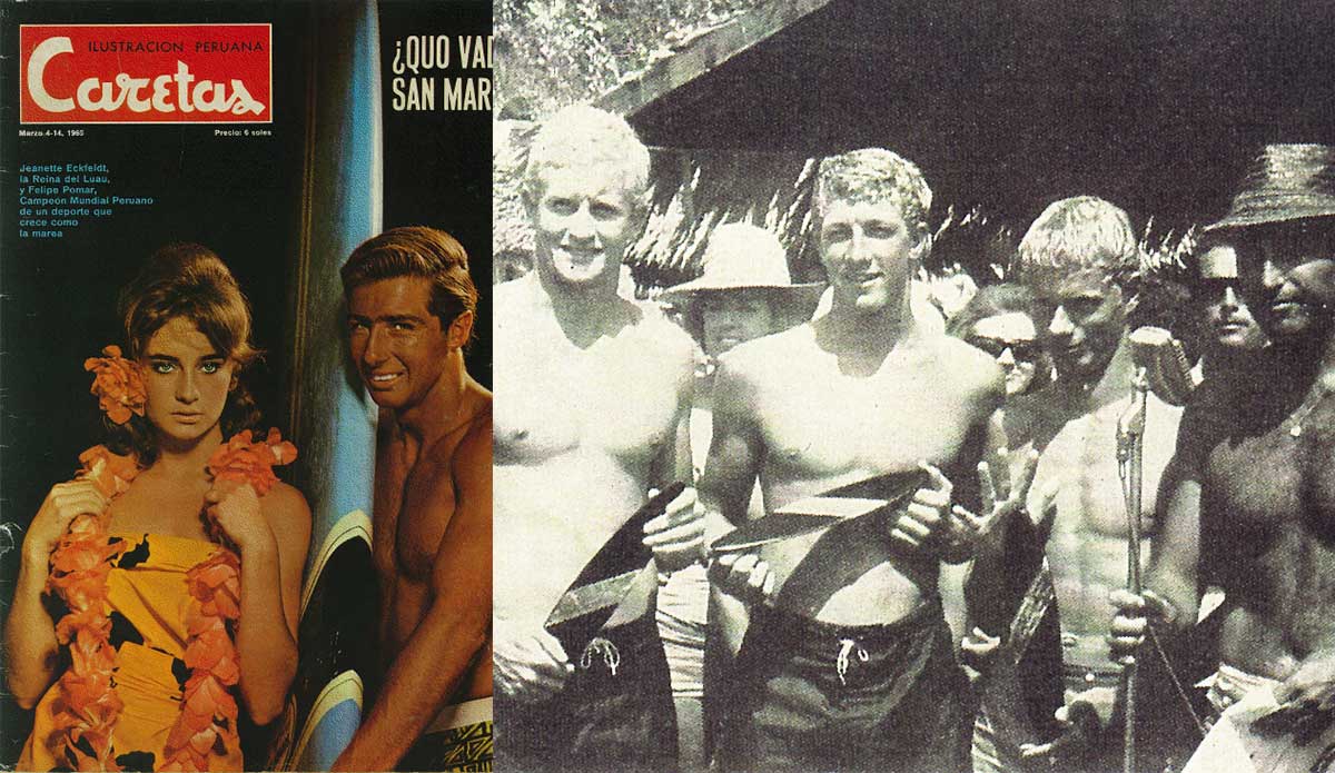 In ’65 the World Surfing Championship moved to Lima, Peru, where eventual winner Felipe Pomar (picture on the left), who had become somewhat of a celebrity in his native country, hosted the festivities at Club Waikiki. Australians like Farrelly and adventurer Peter Troy enjoyed the nightlife almost as much as the surf. The picture on the right includes (from right to left) ISA founder Eduardo Arena, Midget Farrelly, Nat Young, Peter Troy, and unidentified. Photo: <a href=\"https://www.isasurf.org/\">ISA Archive</a>
