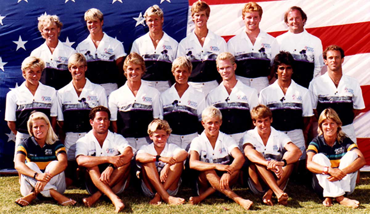 1984 United States Gold Medal Team from the ISA World Surfing Championship in Huntington Beach: Back row (left to right): Coach Peter “PT” Townend, Brad Gerlach, Chris Burke, Mike Parsons, Dave Oates, Coach Chuck Allen. Middle row: Doug Silva, Scott Farnsworth, Bill Johnson, Jeff Booth, Randy Wright, unidentified, Sean McGriff. Front row: Tricia Gill, Craig Comen, Todd Holland, Richard Woolcott, Phil Fein, Janice Aragon. Photo: <a href=\"https://www.isasurf.org/\">Peter Townend</a>