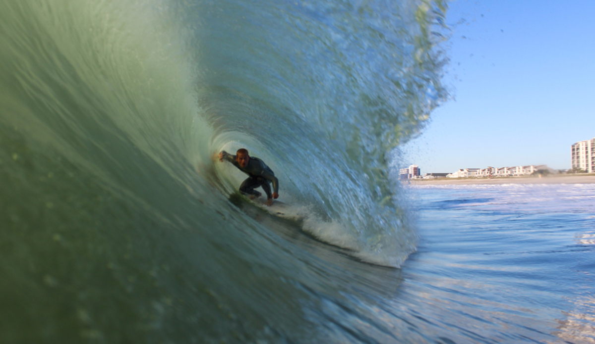 This is Cobi Christiansen from Myrtle Beach. He studies rip currents and is about to graduate with his masters in physical oceanography from UNCW. Pictured is the deepest Wrightsville barrel in history, courtesy of Hurricane Gonzalo. Photo: <a href=\"https://instagram.com/zlottyphoto/\">Jake Zlotnick</a>