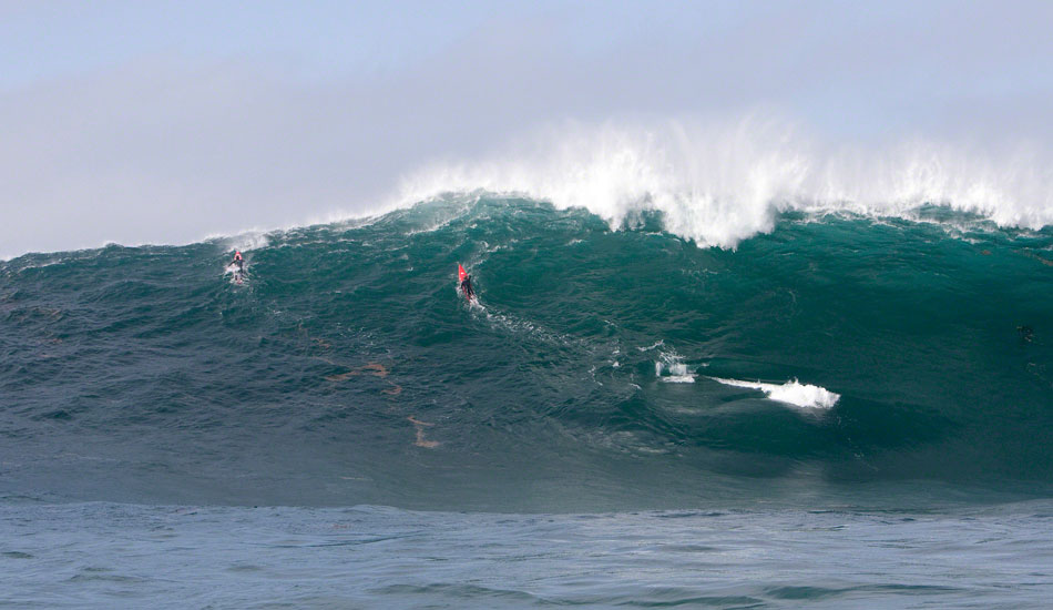 Scratchin\'. Jamie Mitchell and Mark Healey, Killers, Todos Santos, Baja , Dec 2007. It\'s a good thing Jamie Mitchell knows a thing or two about paddling. He and Mark barely clawing over a bomb on one of the biggest swells to ever hit the west coast. 
Photo: <a href=\"https://www.photomurray.com/\" target=_blank>Jason Murray</a>.