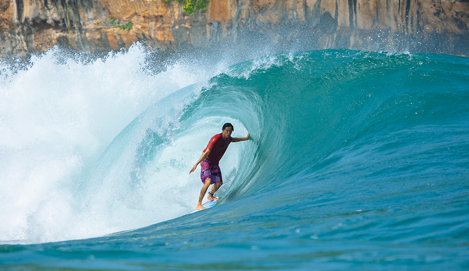 Rizal Tanjung in a Pacitan barrel. Photo: <a href=\"https://www.reposarphoto.com\">Jason Reposar</a>