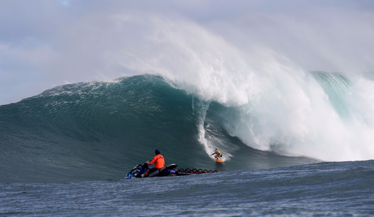 Carlos Burle of Brasil (pictured) taking off during Round 1  at the Peahi Challenge in Maui, Hawaii. Photo: <a href=\"https://instagram.com/kc80/\"> Cestari</a>/<a href=\"https://www.worldsurfleague.com/\">WSL</a>