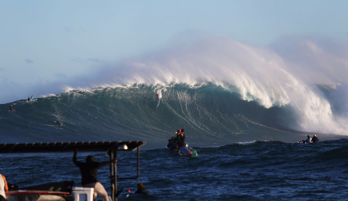 Shane Dorian of USA (pictured) makes the drop during the warm up session at the Peahi Challenge. Photo: <a href=\"https://instagram.com/kc80/\"> Cestari</a>/<a href=\"https://www.worldsurfleague.com/\">WSL</a>