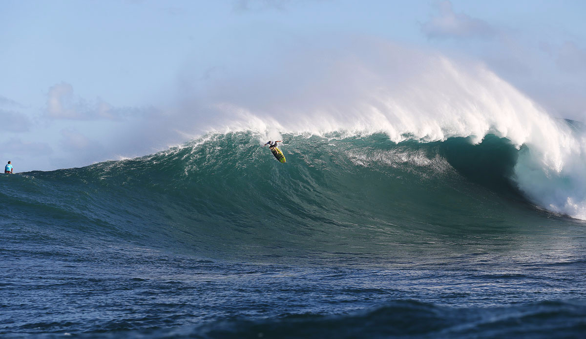 Dave Wassel (pictured) taking off during Round 1  at the Peahi Challenge in Maui, Hawaii. Photo: <a href=\"https://instagram.com/kc80/\"> Cestari</a>/<a href=\"https://www.worldsurfleague.com/\">WSL</a>