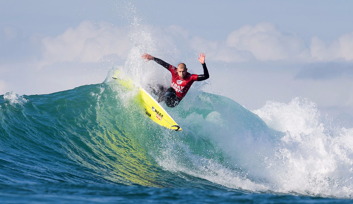 Mick Fanning of Australia (pictured) advanced directly to Round 3 of the JBay Open at Supertubes, Jeffreys Bay, South Africa today, defeating wildcards Michael February (ZAF) and Tomas Hermes (BRA) with a heat total of 15.67 points (out of a possible 20.00). Photo: <a href=\"https://www.worldsurfleague.com/\">WSL</a>/<a href=\"https://instagram.com/kc80\">Cestari</a>