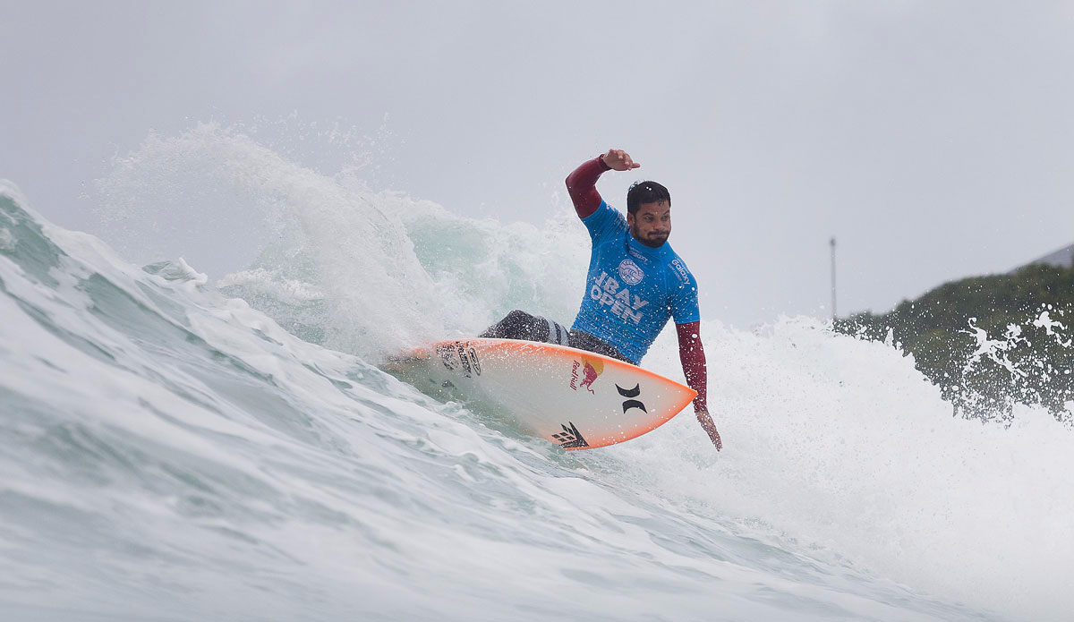 Michel Bourez of Tahiti (pictured) placing second his Round 4 heat at the JBay Open to advance into the Quarterfinals on Saturday July 18, 2015. Photo: <a href=\"https://www.worldsurfleague.com/\">WSL</a>/<a href=\"https://instagram.com/kc80\">Cestari</a>