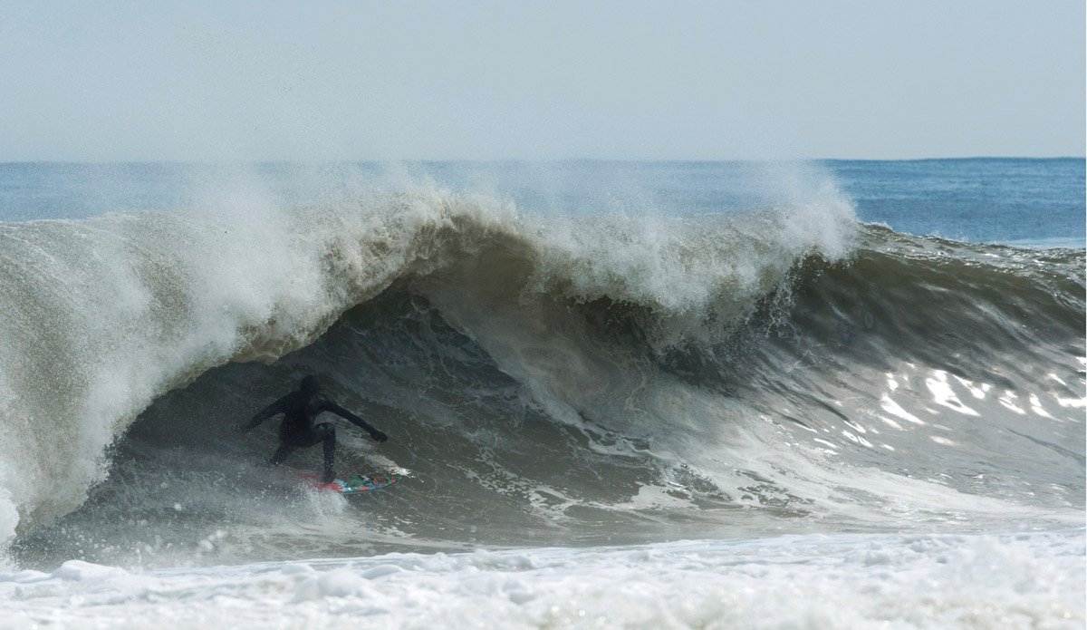 Rob Kelly getting shot from a typical East Coast, late winter wave. Photo: <a href=\"https://shoreshotimages.zenfolio.com\">Mary Dunham</a>