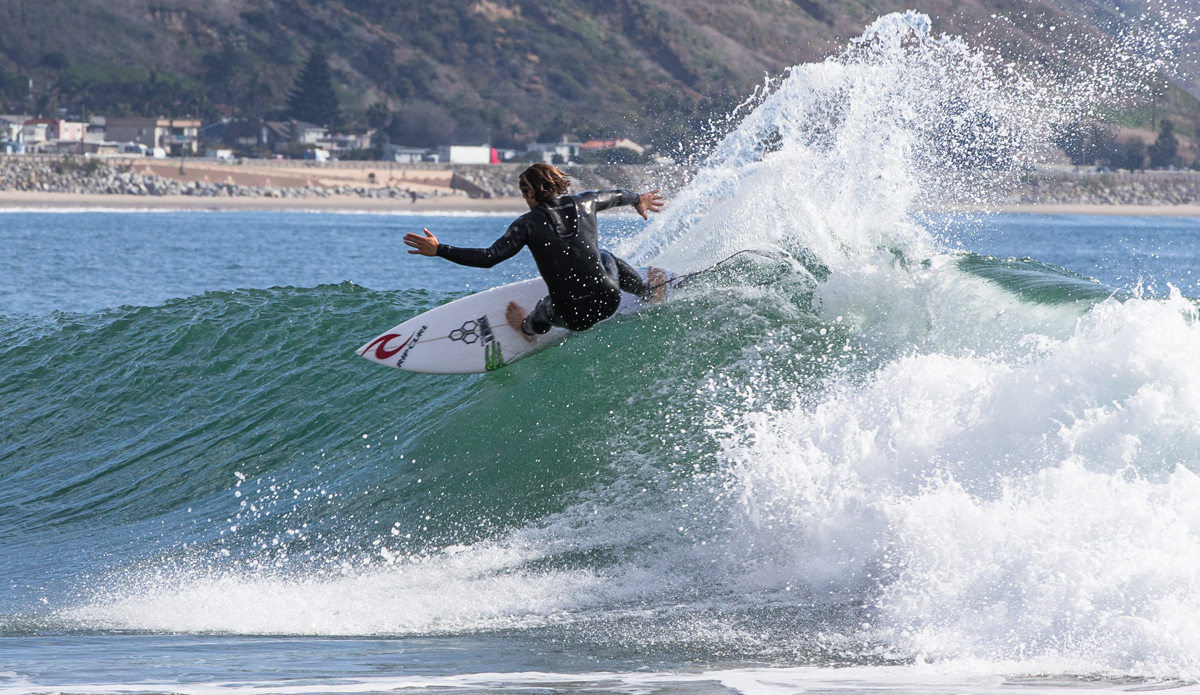 ... Conner Coffin, Rincon, 2018. Represented by the spray in these two shots is a 40-year history of progression in the Santa Barbara surf scene. 