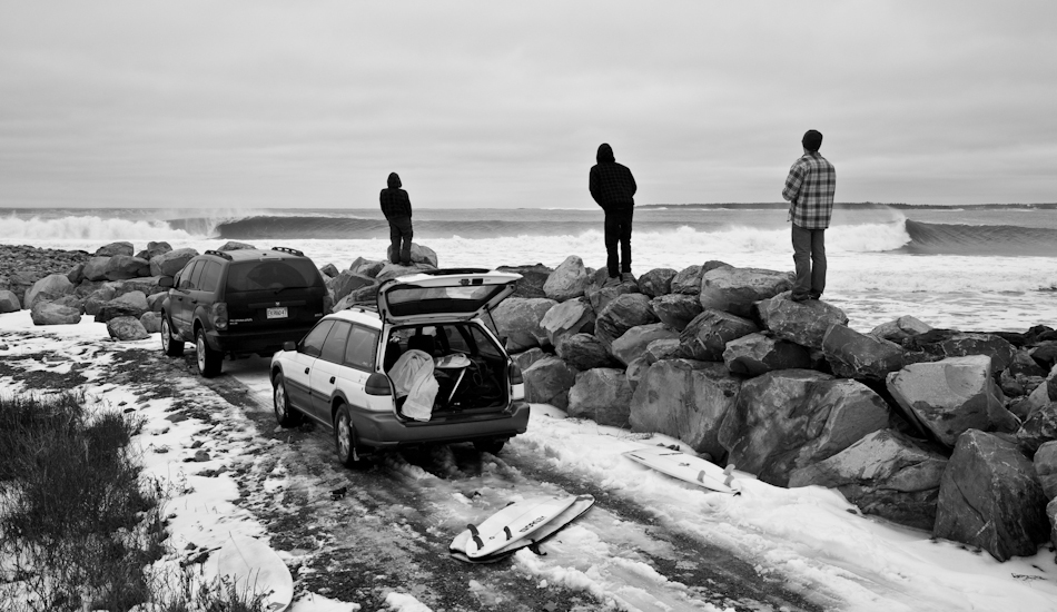 I took this lineup shot on the East Coast of Canada a couple of years ago. This was a tough morning for me. After a redeye flight from Vancouver with 3 hours of sleep, I jumped in a rental car and met Nico Manos at 7am at this spot. The water was hovering around 32F, and as I was scrambling down the rocks, a set came and sent me around a jetty on the inside. I pulled myself out and walked up to the point for another try. Shooting in the water this day was one of the coldest days of my life. Photo: <a href=\"https://www.jeremykoreski.com/\" target=_blank>Jeremy Koreski</a> 