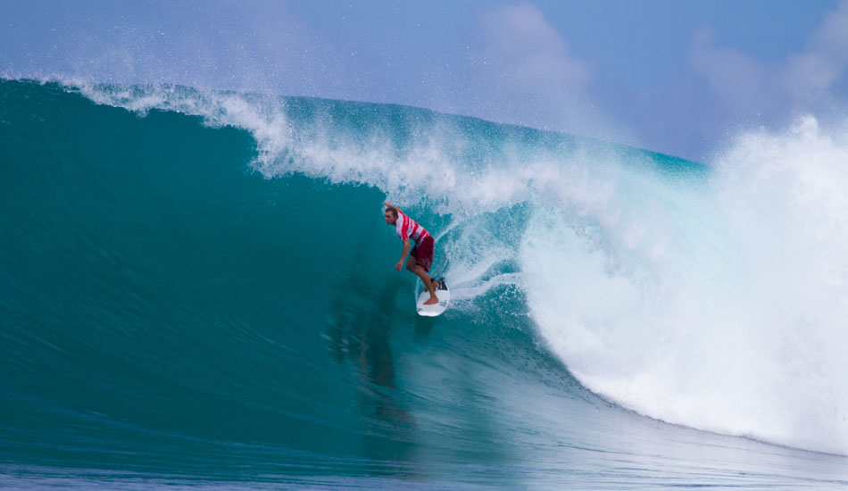 If you feel like packing some bigger waves of consequence, a short motor over to Bank Vaults is always a good option. Bruno Smith took this photo of me surfing with just one other guy out - Jordan, the owner of the Villas. Photo: <a href=\"https://www.hungrywalrus.com/\" target=_blank>John Maher</a>