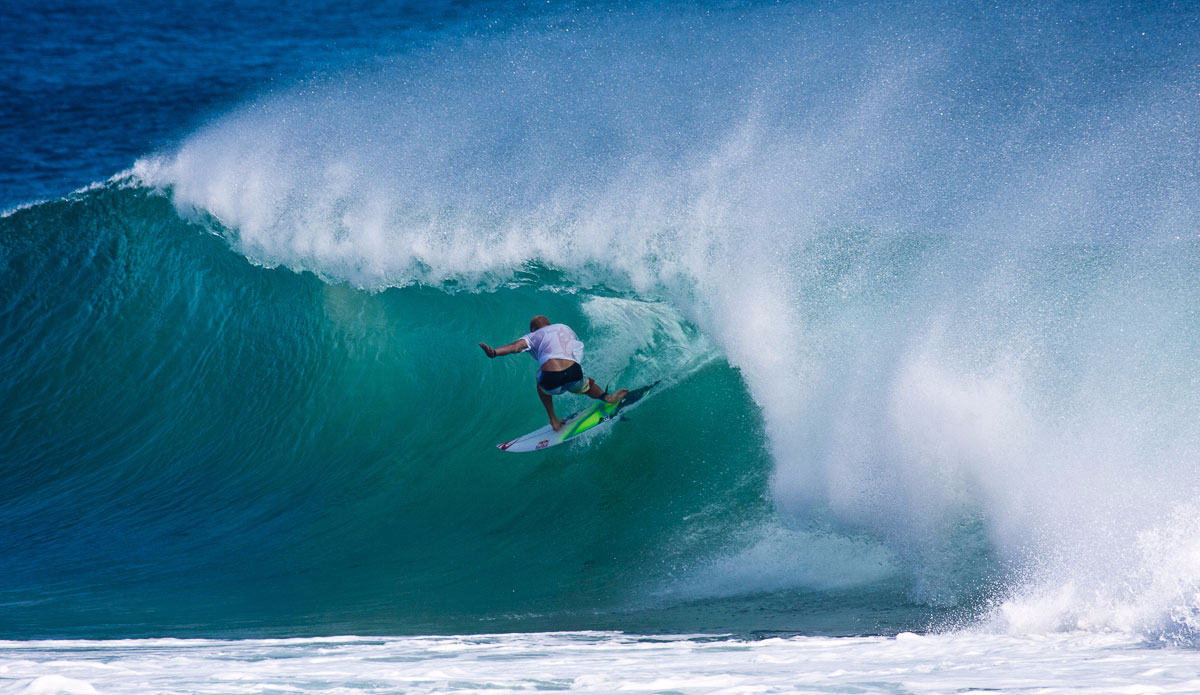 M. Fanning getting in the pocket at Kirra.  Photo: <a href=\"https://www.jonwrightphoto.com\">JonWrightPhoto.com</a>