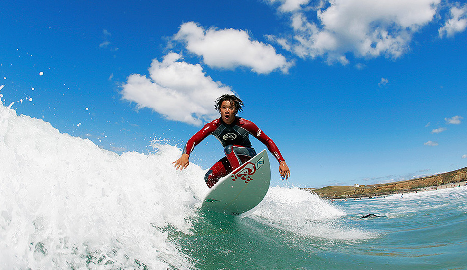 Captured on a glorious summers day, British surfer, Jake Down, makes the most of the small waves. Photo: <a href=\"https://www.jordanweeks.com/\" target=_blank>Jordan Weeks</a>