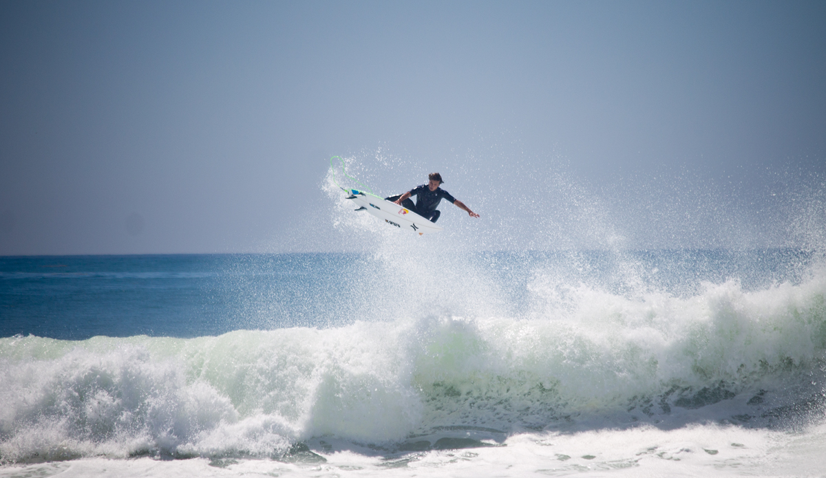 Julian Wilson soaring high as hurricane Marie rocks the California coast this afternoon. Photo: <a href=\"https://www.studiopierce.com/about/\">Josh Pierce</a>