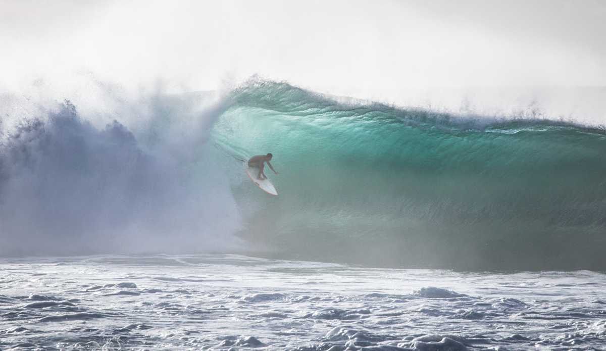 Apollo Fleming on a tricky mutant barrel at Pipeline.