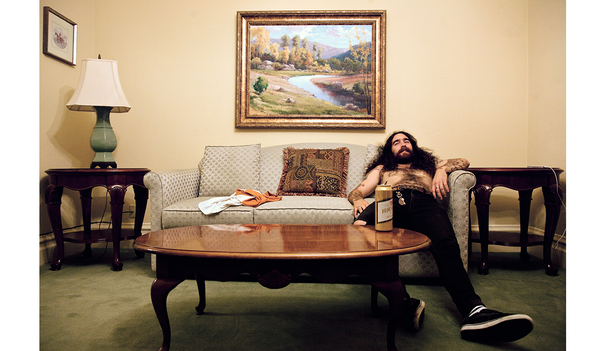 Laurent-Nicolas Paquin taking a load off in a strange San Francisco hotel in the middle of one hell of a movie tour for Rome Snowboards.  Photo: <a href=\"https://lauraaustin.4ormat.com/\">Laura Austin</a>