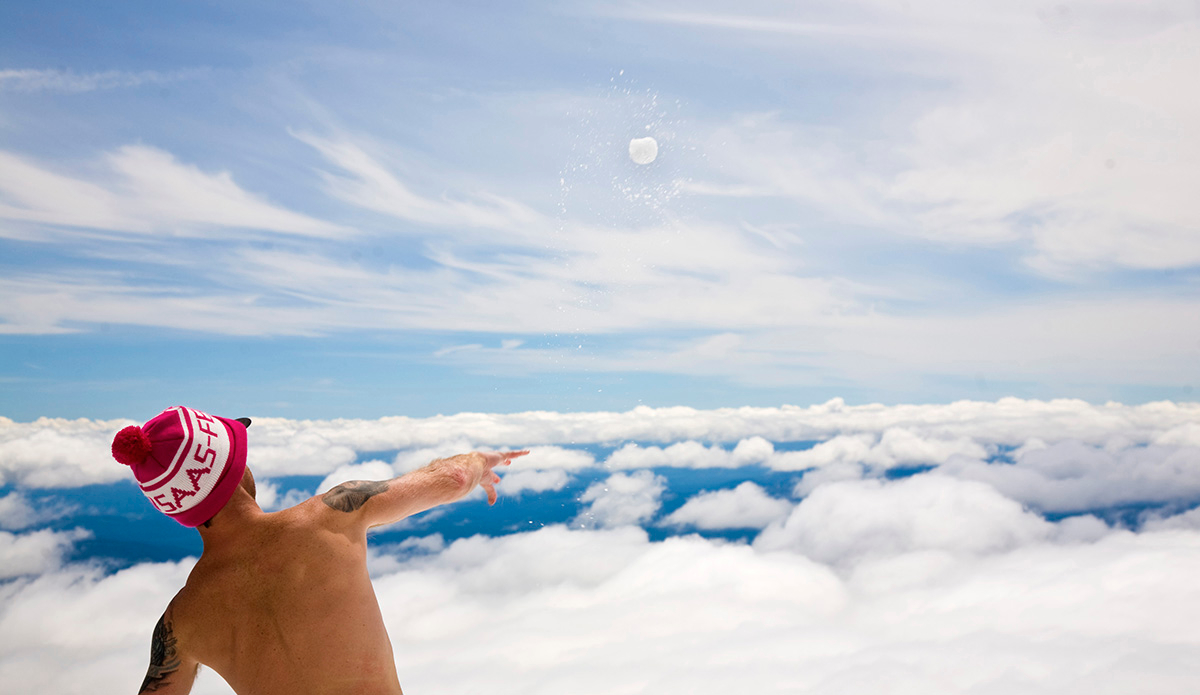 During a contest on top of Mt. Hood in Oregon I saw Willie McMillon messing around throwing snowballs, probably at some innocent kid. I whipped out my camera when noticed the clouds sprawled out in front of him. I wanted to shoot it so that there would be no evidence of him actually standing on a mountain in the middle of a terrain park. The result… an image of how clouds are really made.  Photo: <a href=\"https://lauraaustin.4ormat.com/\">Laura Austin</a>