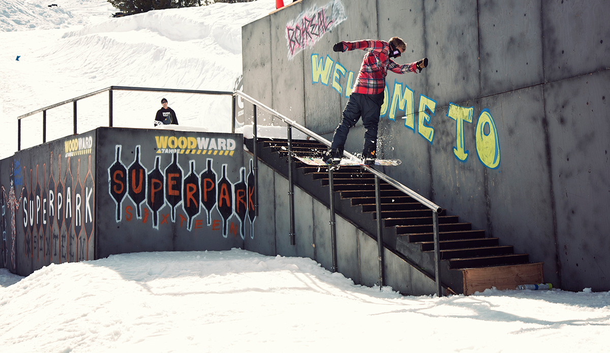 Ted Borland with a frontside boardslide during Snowboarder Magazine’s Superpark event at Mt. Bachelor, OR. Photo: <a href=\"https://lauraaustin.4ormat.com/\">Laura Austin</a>