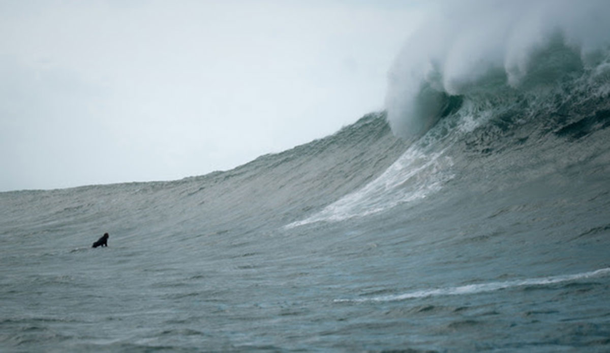 \"When the swell arrived it was big and windy we didn’t know where to surf. I said to Dyl \'let\'s surf that wave,\' and pointed to a bombie out to sea. I wanted to paddle one and jumped off the ski straight into this set wave on the head.\" Photo: Rick McClelland