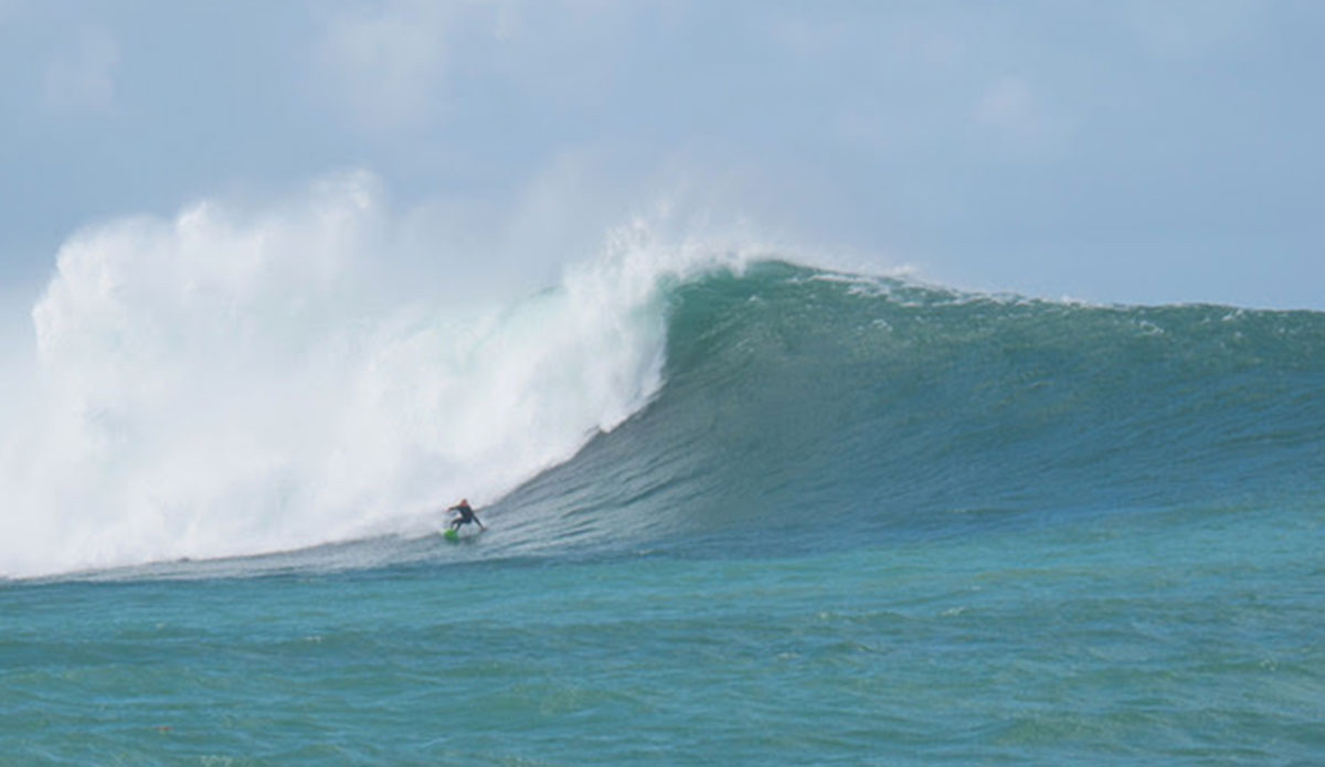 \"After paddling a small one I realized I was way under-gunned and the wind created moguls coming up the face from the howling southerly and rain squalls.\" Photo: Rick McClelland