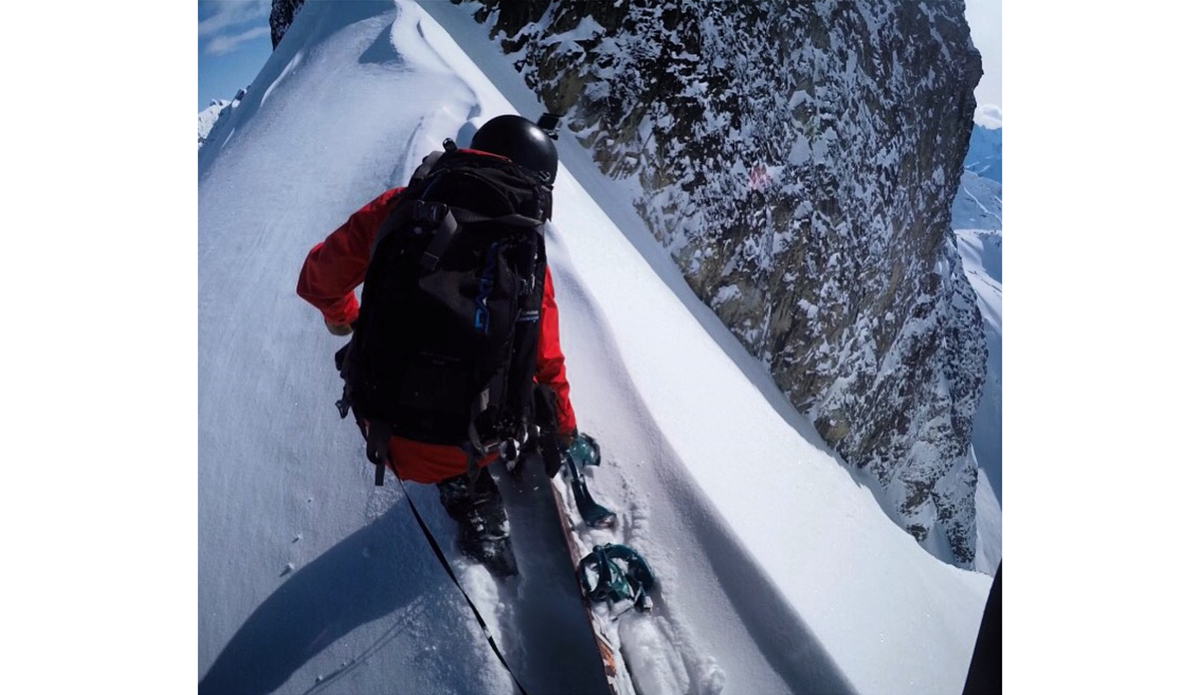 This is a POV shot from Bella Coola.  One of the biggest couloirs that Annie Boulanger and I both got to ride.  They just had a major avalanche event, and our guide said there was low probability, but high consequence if anything did happen.  I had that on my mind as I walked the ridge. My heart was pumping, it was a leg burner! Photo: Annie Boulanger
