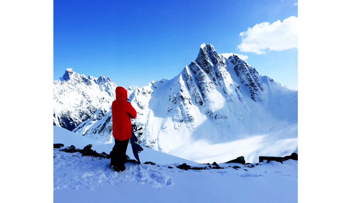 The third couloir from the left that slants to the right above the exposure at the bottom is what Annie and I rode. The other angle is from the top, POV style. Photo: Annie Boulanger