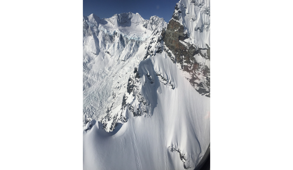 This is my shot from my iPhone looking at a line in Bella Coola that I did. I got dropped off on the little bench there on the left.  We did a tow in with the hell and I jumped out.  I nearly shat my pants when I realized I had to hike up and over those cliffs because they were way too big for me to hit.  The one thing I know is that nothing ever goes as plans and everything from a helicopter looks so much smaller until you get on top of stuff and realize that you’re dealing with monstrous terrain! Haha... This one worked out, I had some awesome turns, great snow, epic views of Mt. Saugstad in the background.