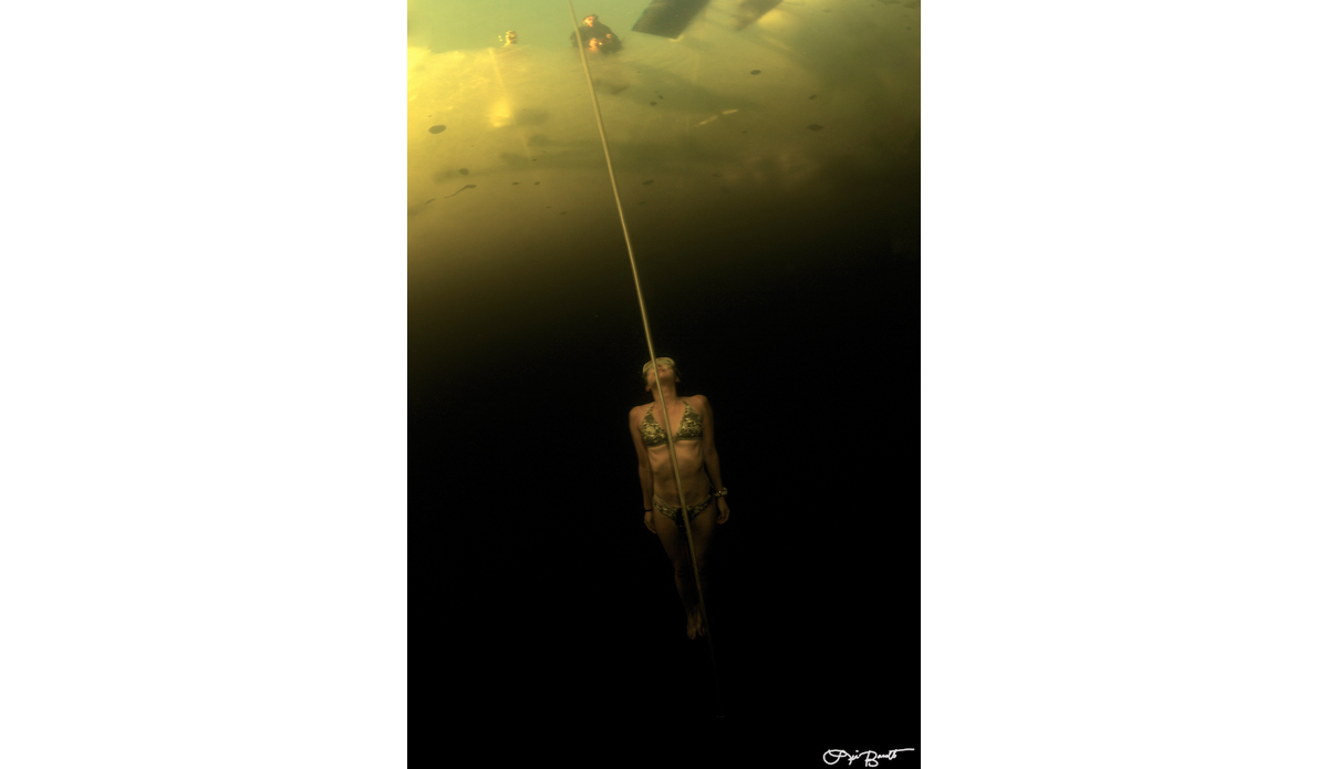 Brave freediver Tomoka Fukuda taking the plunge bikini style. Photo: <a href=\"https://liabarrettphotography.com/\" target=_blank>Lia Barrett</a>