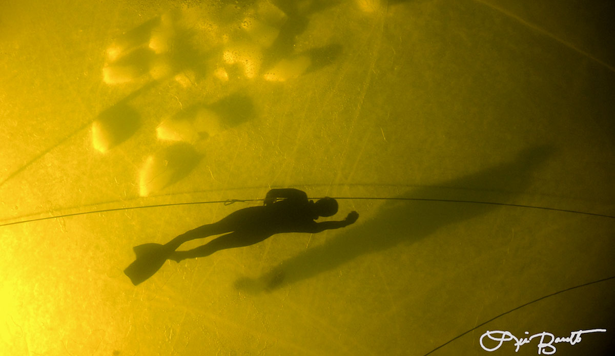 Freediver Chloe Villaume under the ice, and a scuba diver safety’s silhouette 
above. Photo: <a href=\"https://liabarrettphotography.com/\" target=_blank>Lia Barrett</a>