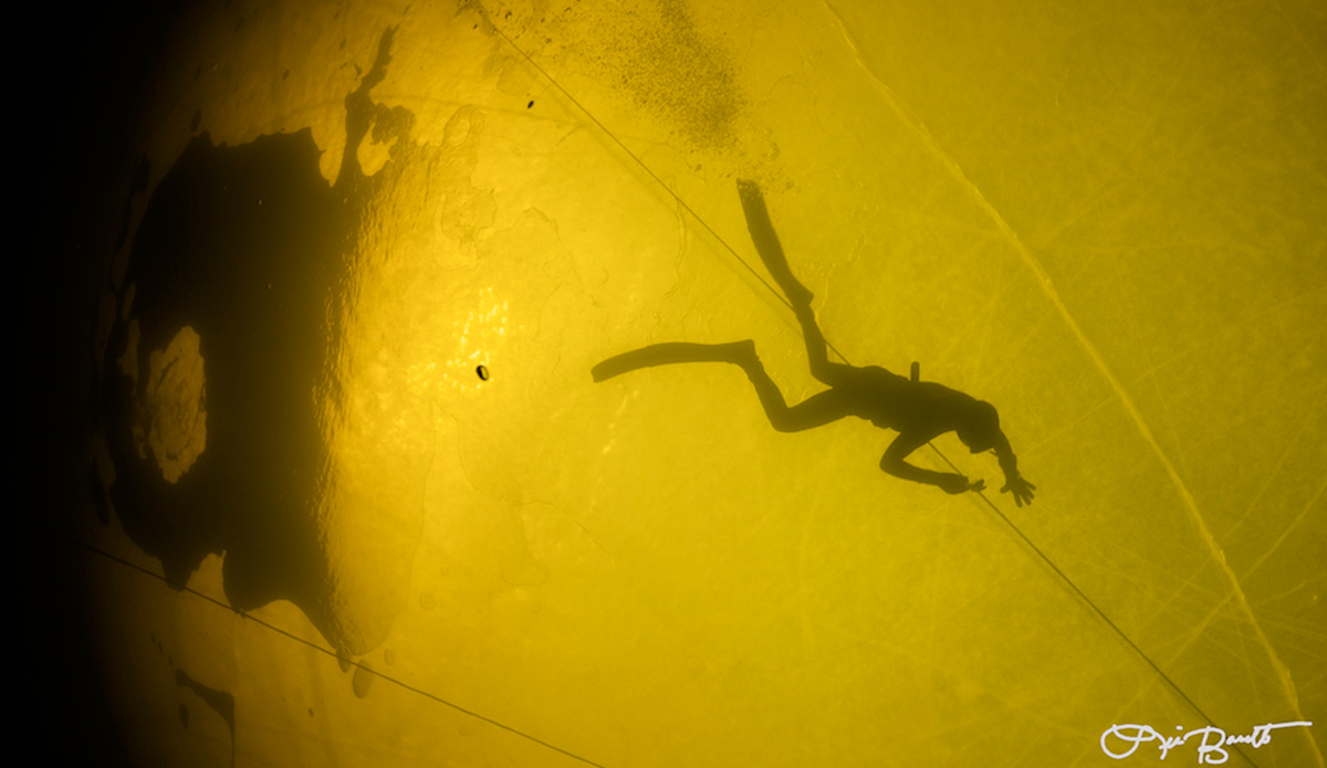 Stig Severinsen freediving under ice. Photo: <a href=\"https://liabarrettphotography.com/\" target=_blank>Lia Barrett</a>