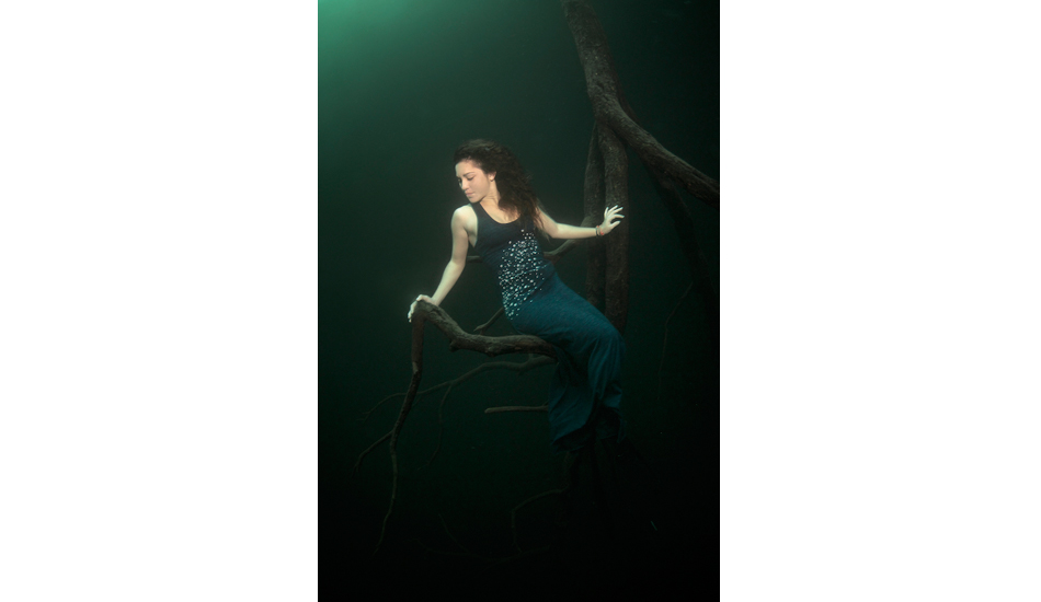 Resting in a convenient tree to do her safety stop in Angelita cenote. Photo: <a href=\"https://liabarrettphotography.com/\" target=_blank>Lia Barrett</a>