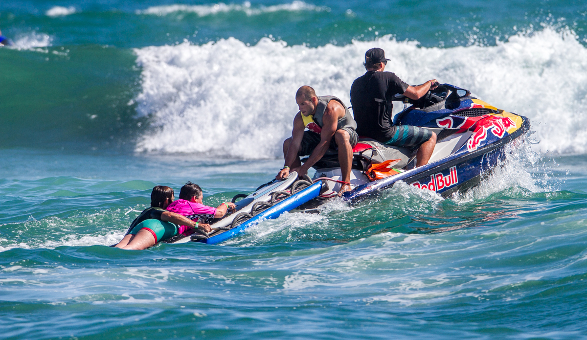 Towing out to the break. Photo: <a href=\"https://stevechristensen.smugmug.com/\">Steve Christensen</a>