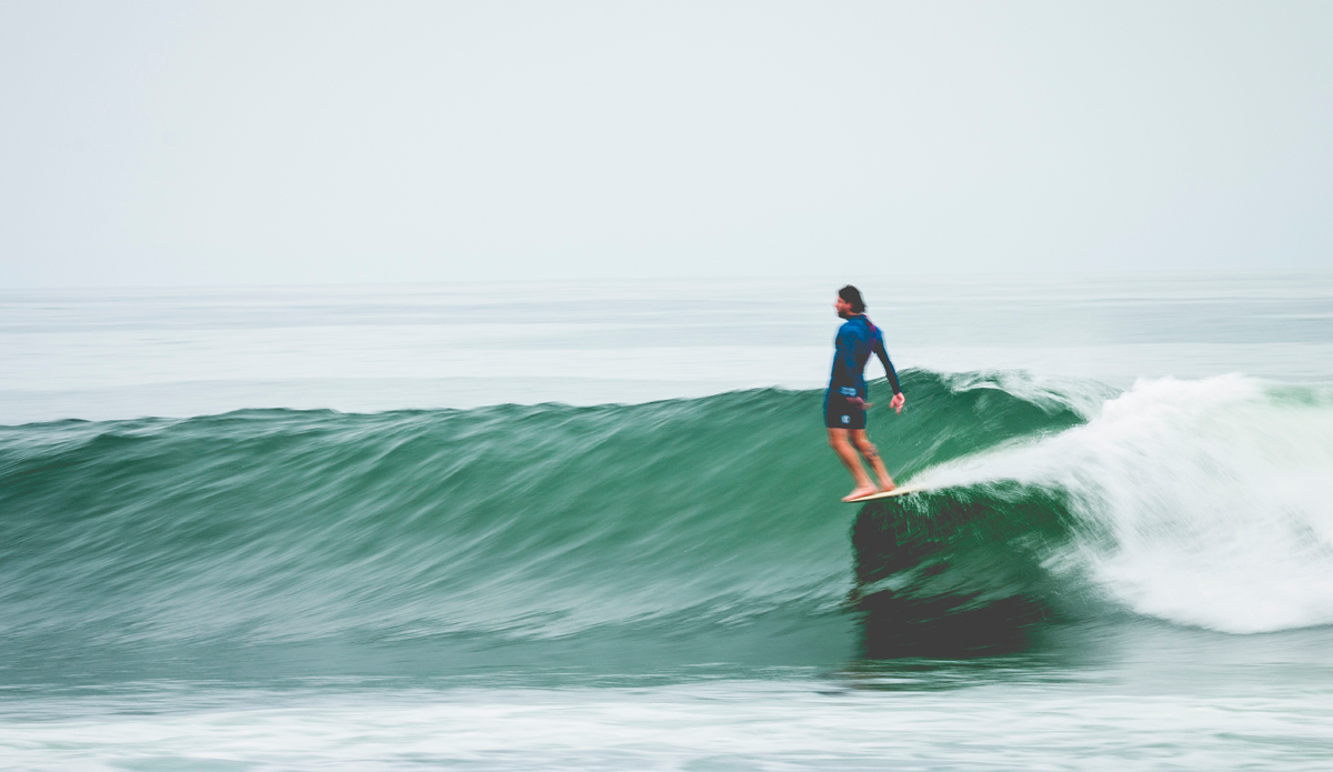 Mike Siordia (@zigzagsurfer), charging with style at a spot that usually doesn\'t look this empty. Shooting from the beach can become boring and hard to concentrate—especially during gloomy weather conditions. So, shooting slow shutter is always a way to challenge yourself and spice things up. Mike was one of the first people I starting shooting logging. We’ve got some money shots throughout the last year, but this is definitely one of the best. Photo: <a href=\"https://instagram.com/corygehr\">@CoryGehr</a>