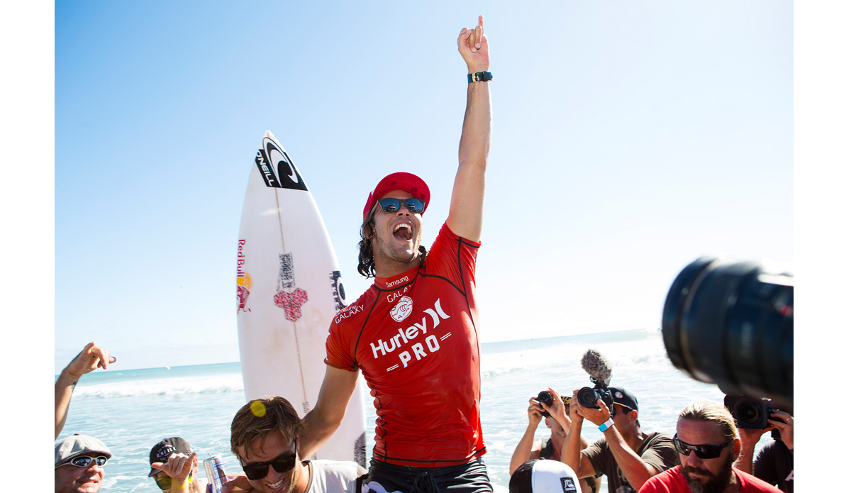 Jordy Smith posted a 9.33 and a 7.17 in the final to defeat John John Florence and earn his first victory of the 2014 season. Photo: <a href=\"https://www.aspworldtour.com/\">ASP/Kirstin</a>