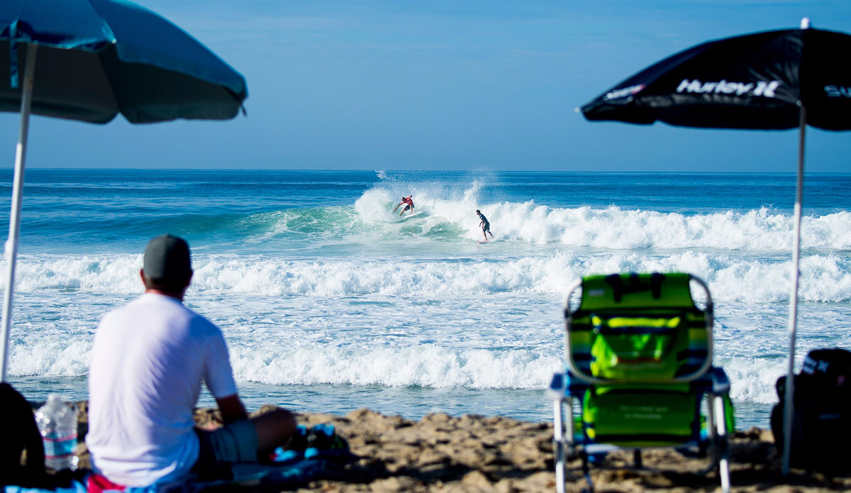 Sebastien Zietz of Hawaii (pictured red) interferes with Michel Bourez\'s of Tahiti (pictured black) wave at the Hurley Pro Trestles on Friday Spetember 11, 2015. Zietz was eliminated from the event. Photo: <a href=\"https://www.worldsurfleague.com/\">WSL/<a href=\"https://instagram.com/kirstinscholtz/\"</a>/Kirstin Scholtz</a>