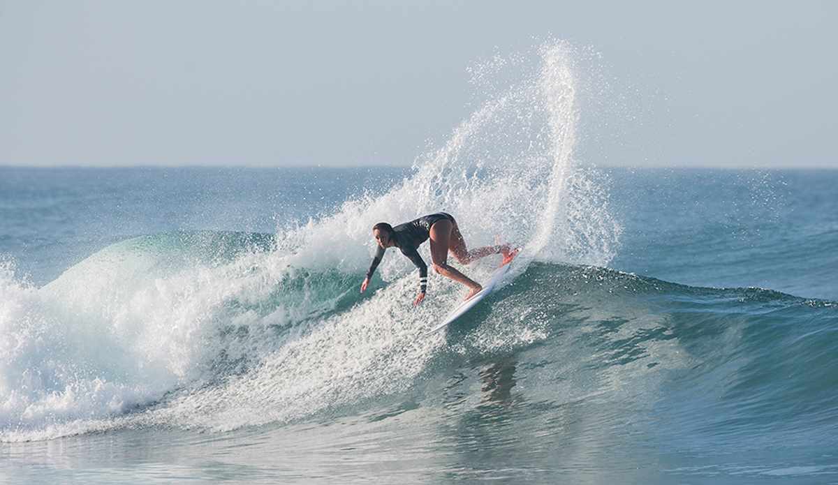 Carissa Moore on her backhand. Photo: <a href=\"https://www.stevethrailkill.com\">Steve Thrailkill</a>