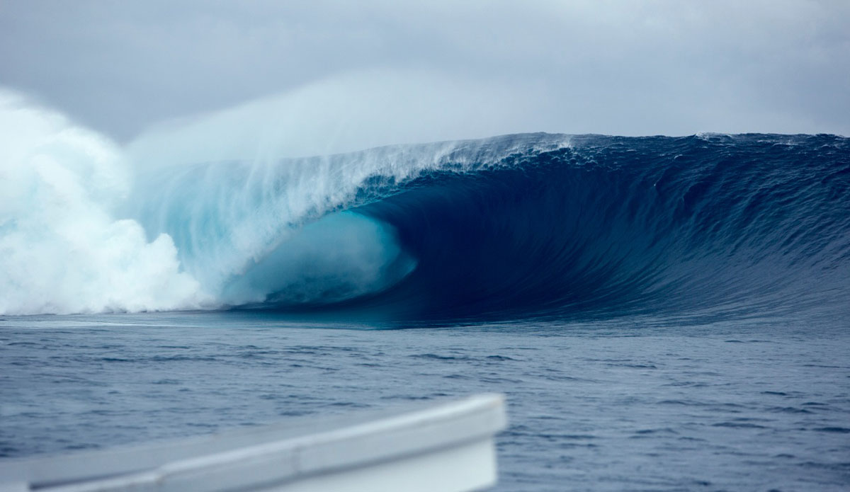 Forty miles out to sea, an open ocean swell roars over the abrupt reef at Cloudbreak, Fiji. A memorable session again in Fiji. I still can\'t get over the amount of power that hit the reef that day. This photo was used as a DPS in ASL Magazine. Photo: <a href=\"https://www.luciagriggi.com\" target=\"_blank\">Lucia Griggi</a>