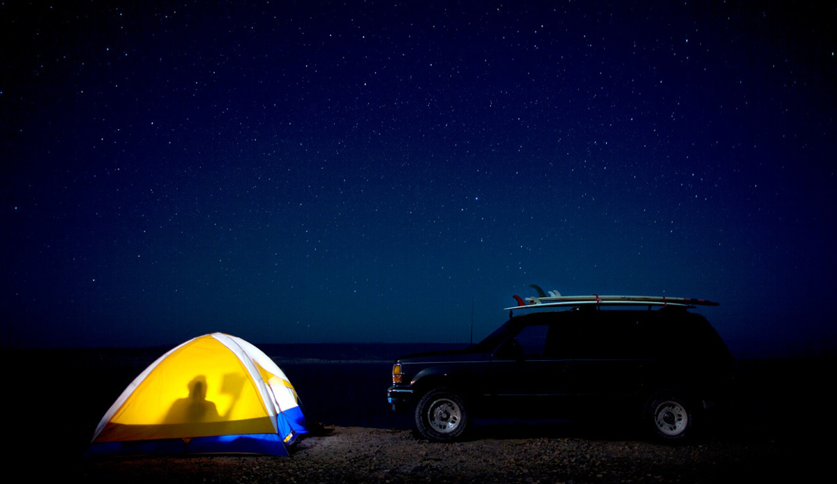 Camping under a starry night in Baja, Mexico. This was my first trip down to Scorpion Bay, Mexico. I was in need of a two-week soul mission to surf a good wave with no work involved. In saying that, I did have to shoot but enjoyed every minute! We were on a shoot with Tony Alva and his crew. At night, I camped in this little tent by the water\'s edge. It was memorable because I had time to surf myself and I got to see Baja for what it really is. Photo: <a href=\"https://www.luciagriggi.com\" target=\"_blank\">Lucia Griggi</a>