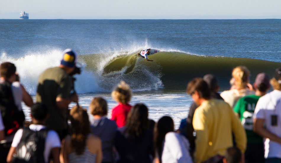 I had just finished a road trip across America with a few friends and happened to be in New York when the Quiksilver Pro was on. The waves they got for that comp were ridiculous. From all accounts, it was about as good as it gets. This is Slater floating in his semifinal heat. He just kept stepping it up every heat until Owen Wright got him in the final. Photo: <a href=\"https://www.lukeshadbolt.com/\">Luke Shadbolt</a>