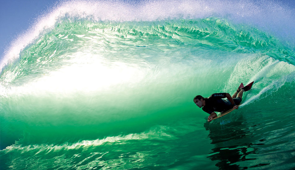 This is a friend of mine, professional bodyboarder Michael Novy. The interesting thing about this shot is the board he is riding. It\'s an alaia shaped by Jarrod Gibson, but in a bodyboard shape rather than the traditional alaia shape. As you can see, it goes really well. Perfect for barrel riding but not so good for airs. Photo: <a href=\"https://www.lukeshadbolt.com/\">Luke Shadbolt</a>