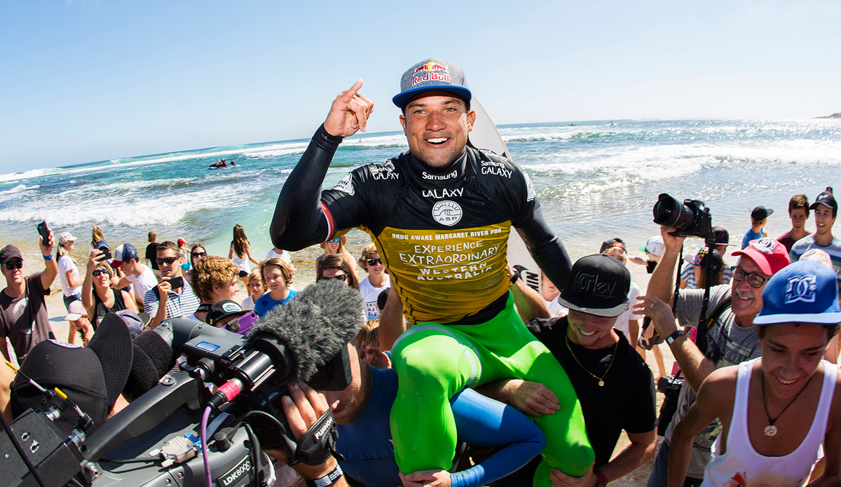 Not a bride\'s maid anymore. Up to the winner\'s circle for the first time. Photo: <a href=\"https://www.aspworldtour.com/\">ASP/Kristin</a>