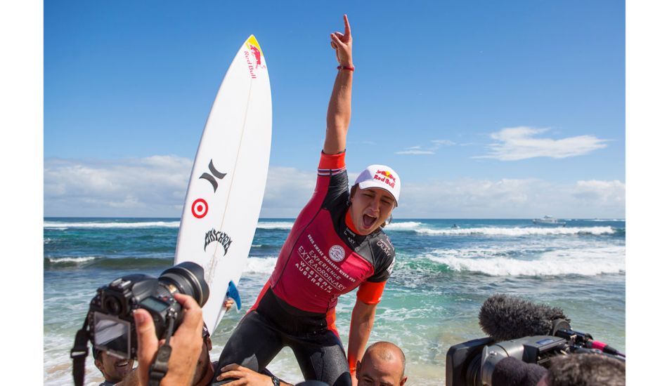 Carissa Moore of Oahu, Hawaii (pictured) celebrates her second consecutive victory at the Drug Aware Margaret River Pro after defeating Tyler Wright in the Final in Australia on Sunday April 6, 2014. Moore posted her two high scoring rides in the dying minutes of the heat to defeat Wright b 15.73 to 14.10 (both out of 20.00). Photo: <href=\"https://www.aspworldtour.com/\">Kirstin/ASP</a>
