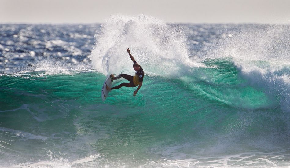 Bede Durbidge of Currumbin, Gold Coast, Australia (pictured) defeated Taj Burrow (AUS) for the second time in one day after surfing a reheat at the Drug Aware Margaret River Pro on Sunday April 6, 2014. Photo: <href=\"https://www.aspworldtour.com/\">Kristin/ASP</a>