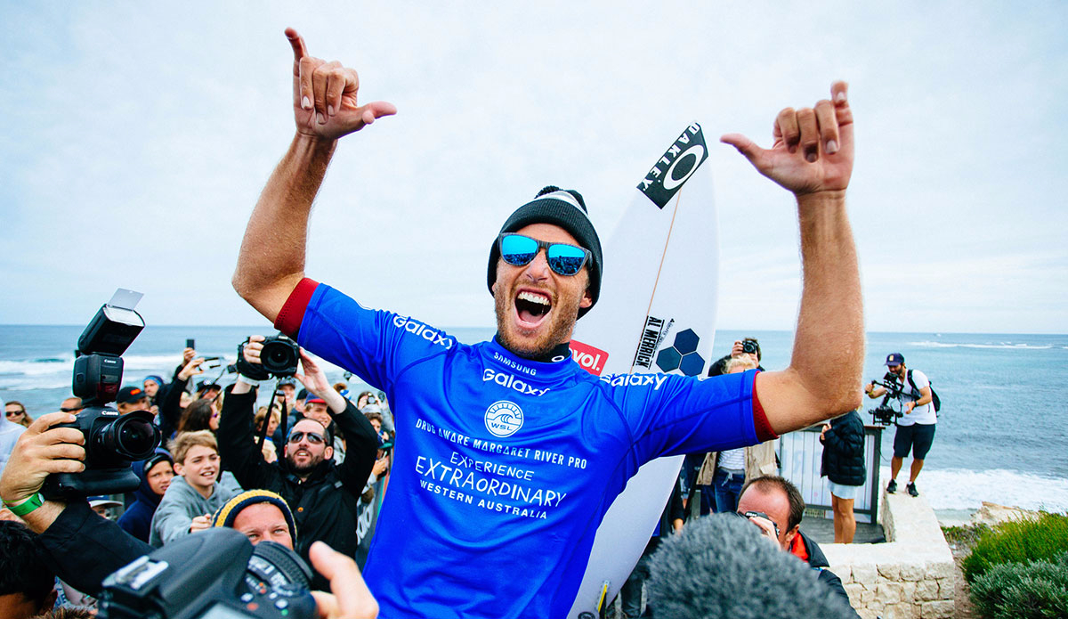 Sebastian Zietz of Hawaii (pictured) celebrates his innuagural WCT victory after winning the Drug Aware Margaret River Pro in Western Australia on Saturday April 16, 2016. Photo: <a href=\"https://www.worldsurfleague.com/\">WSL</a>/<a href=\"https://www.instagram.com/edsloanephoto/\">Ed Sloane</a>